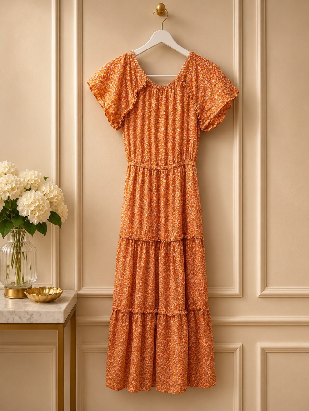 Dee Elly Small Floral Maxi Dress in Orange
